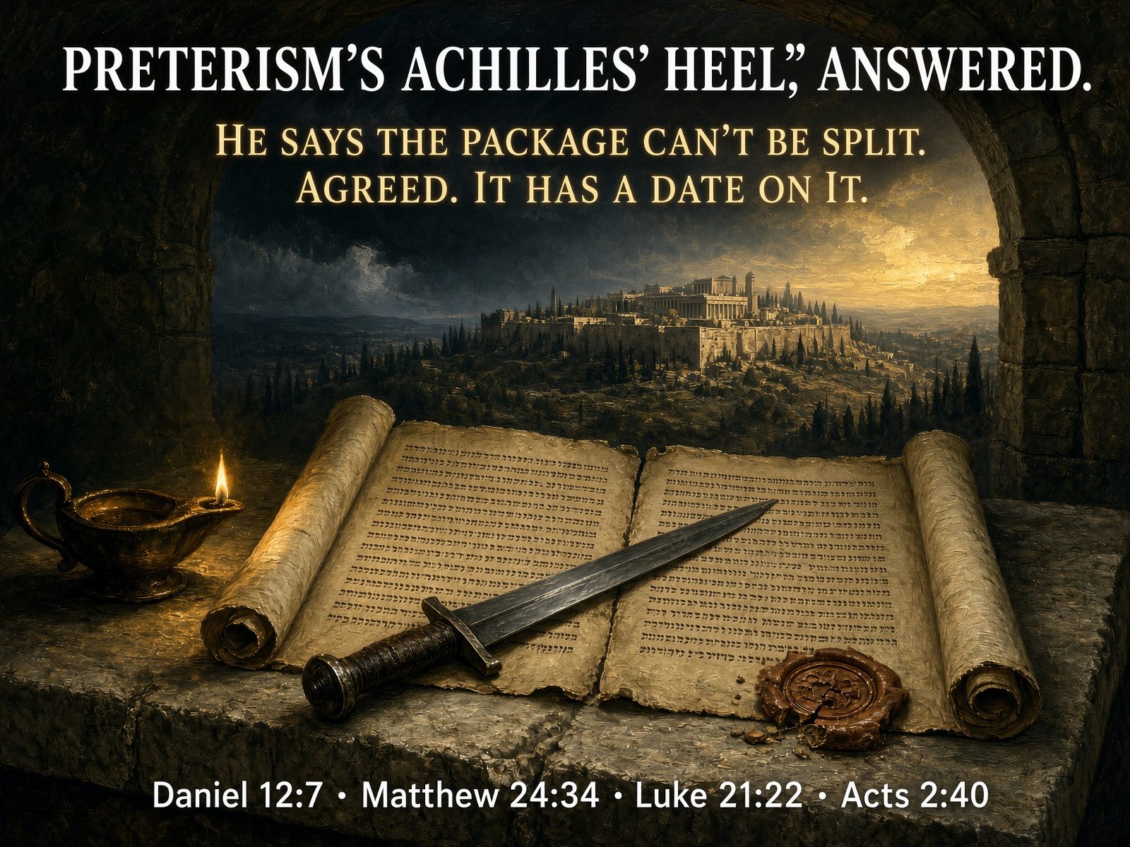 An open Bible on a stone table with Daniel 12 and Matthew 24 side by side