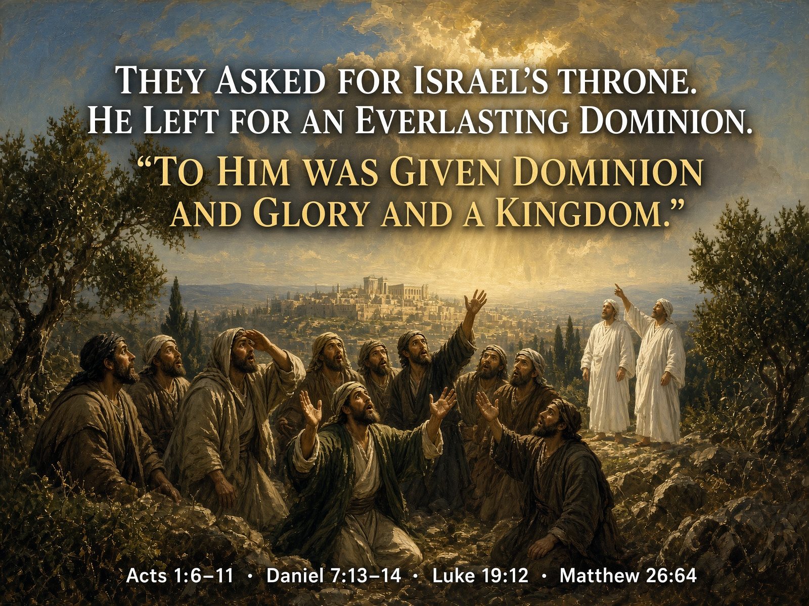 Eleven disciples on the Mount of Olives looking up in shock as a cloud of glory receives Him, two men in white beside them