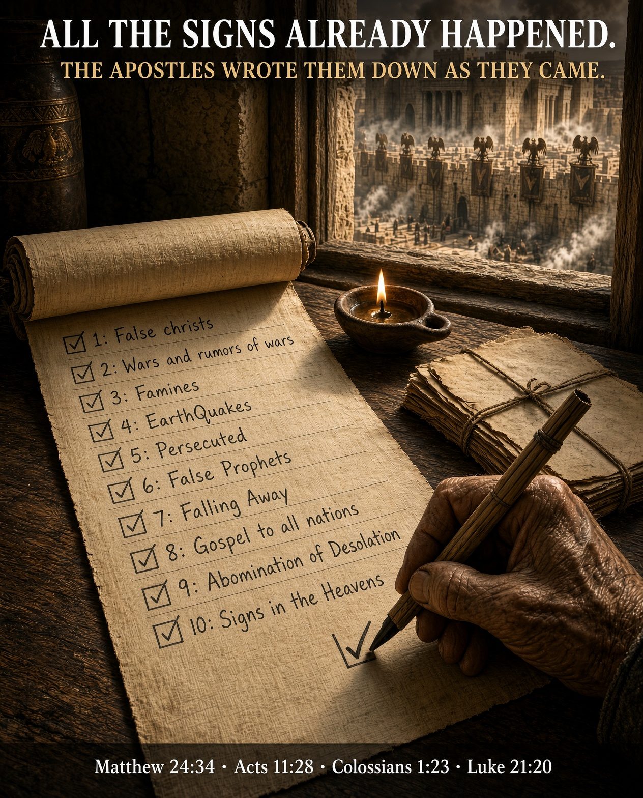 A checklist of the ten signs of Matthew 24 on a scroll, each one checked, with Jerusalem under siege through the window