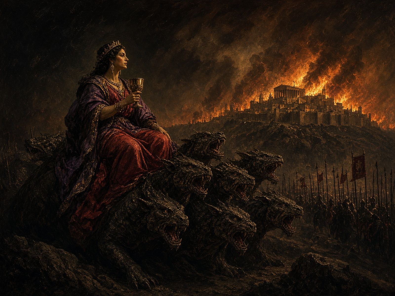The harlot on the beast before a burning Jerusalem