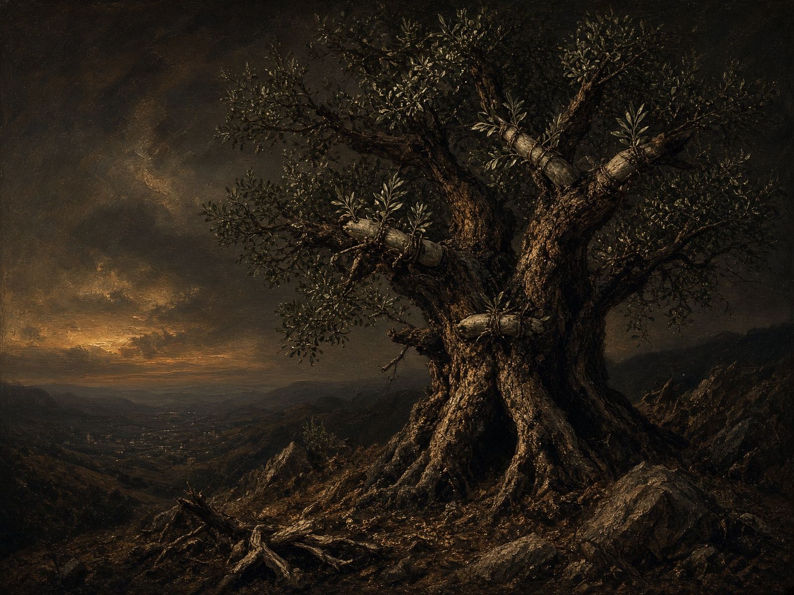 One olive tree with wild branches grafted in