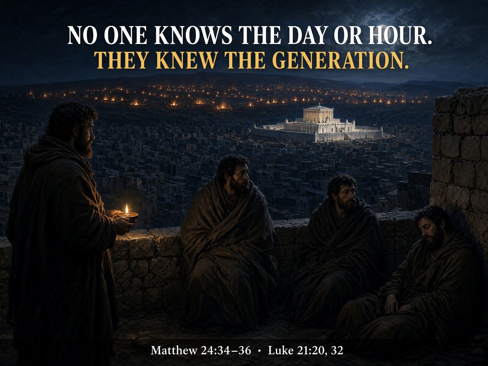Four disciples keeping watch on the wall over Jerusalem at night, the Temple lit below, campfires on the hills