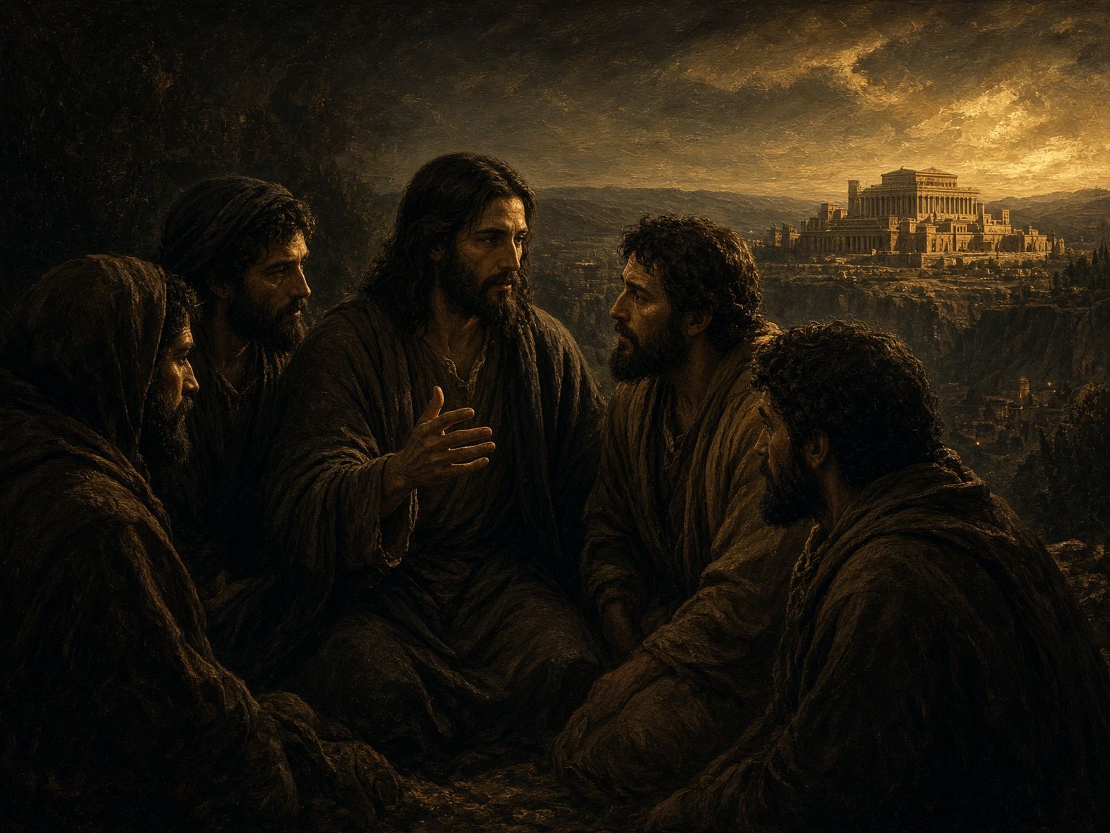 Jesus on the Mount of Olives with four disciples, the Temple across the valley