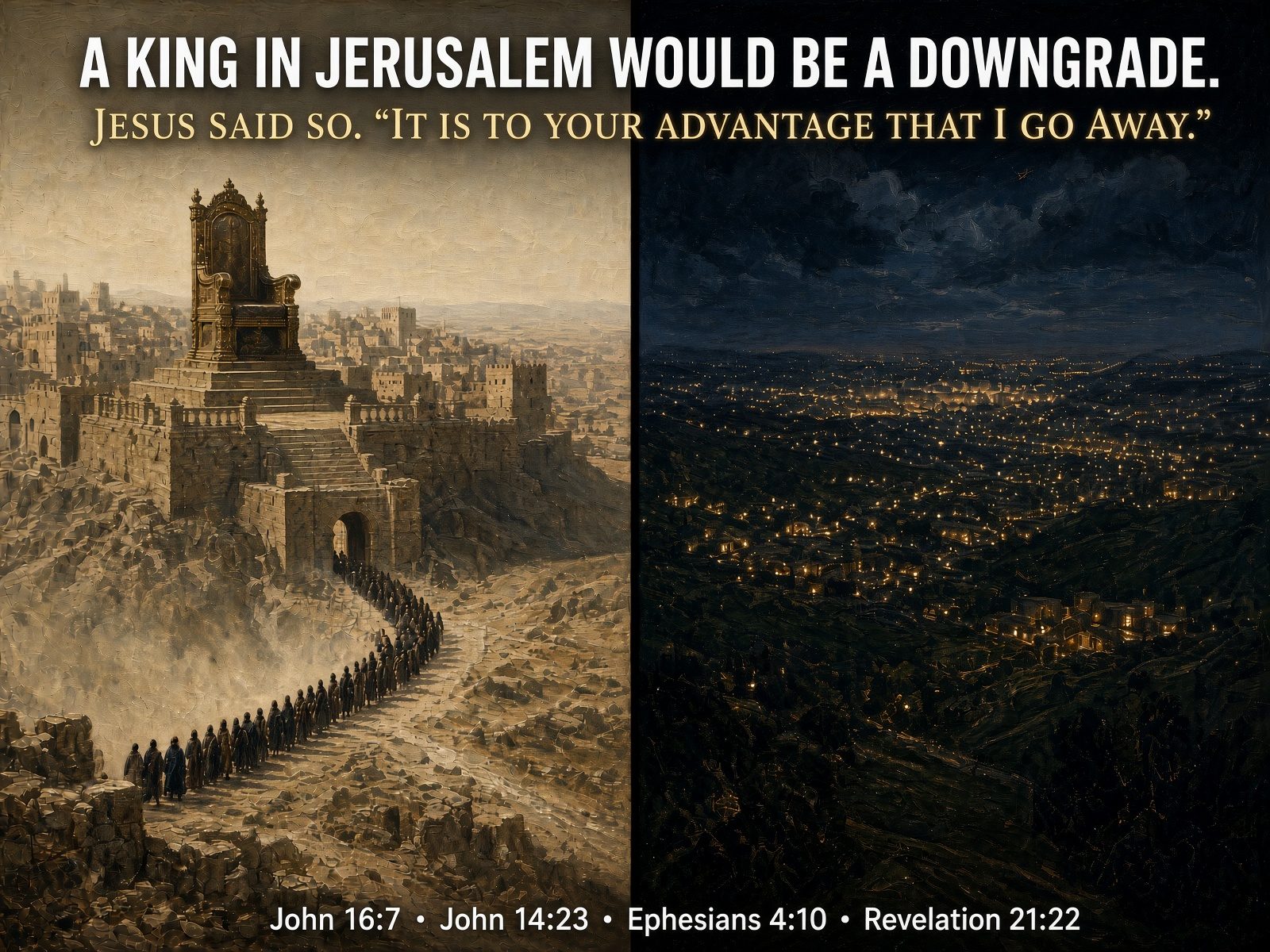 One canvas split in two: an empty throne in a walled city with a line of pilgrims stretching to the horizon, and the same land at night with a warm window lit in every house