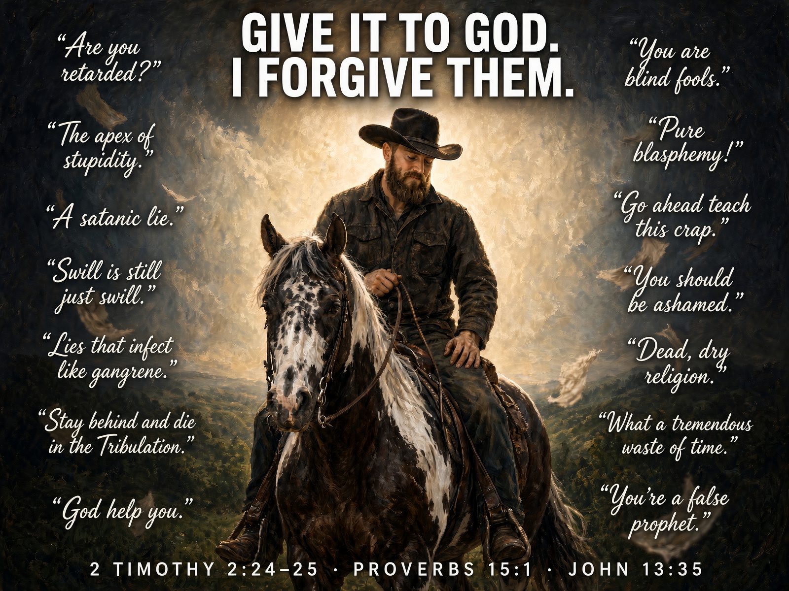 Matt on a paint horse, head bowed under a black hat in prayer, light behind him, real comments from his threads written in the dark around him