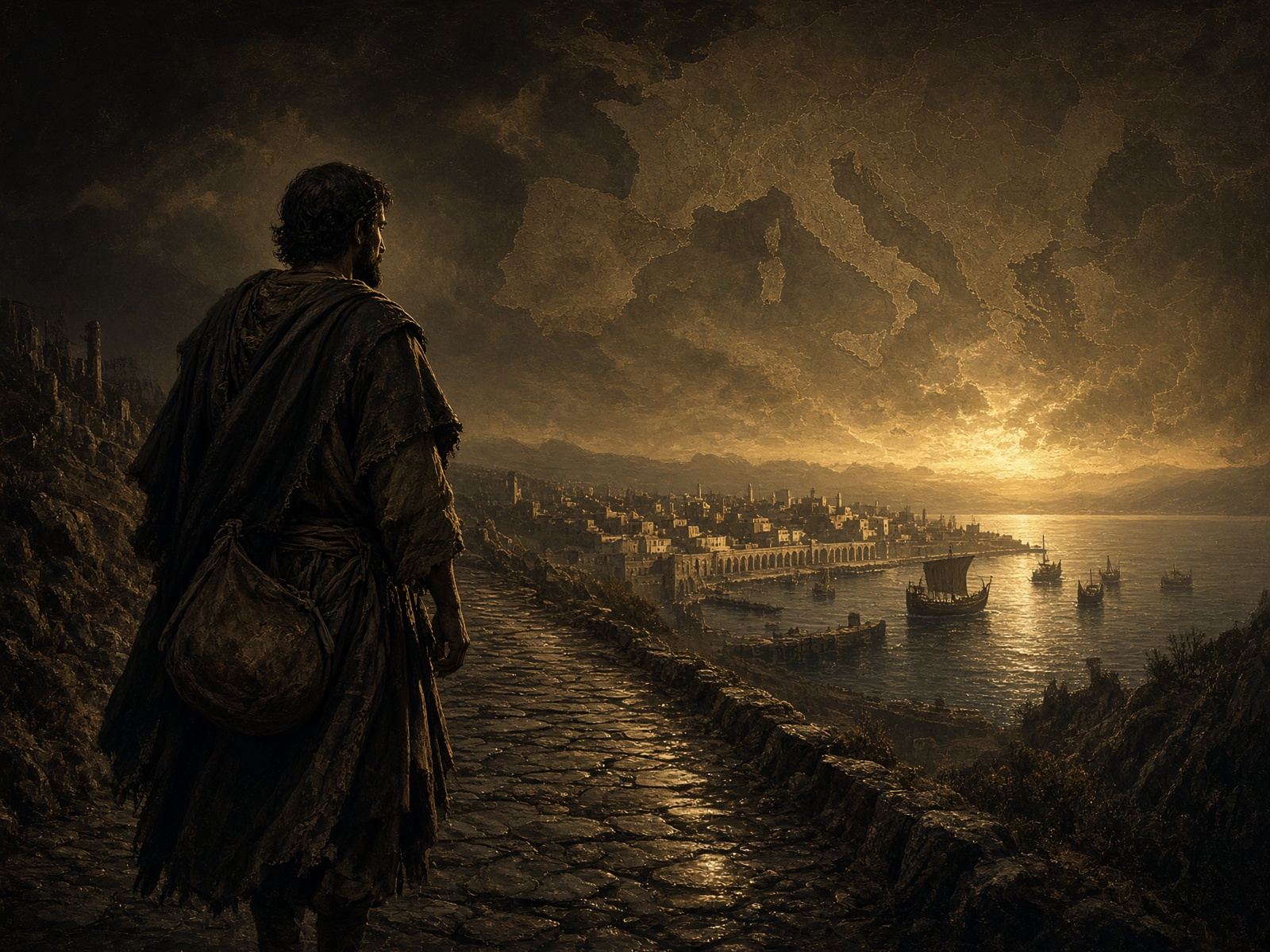 An apostle on a Roman road above a port city, the Mediterranean world in the clouds