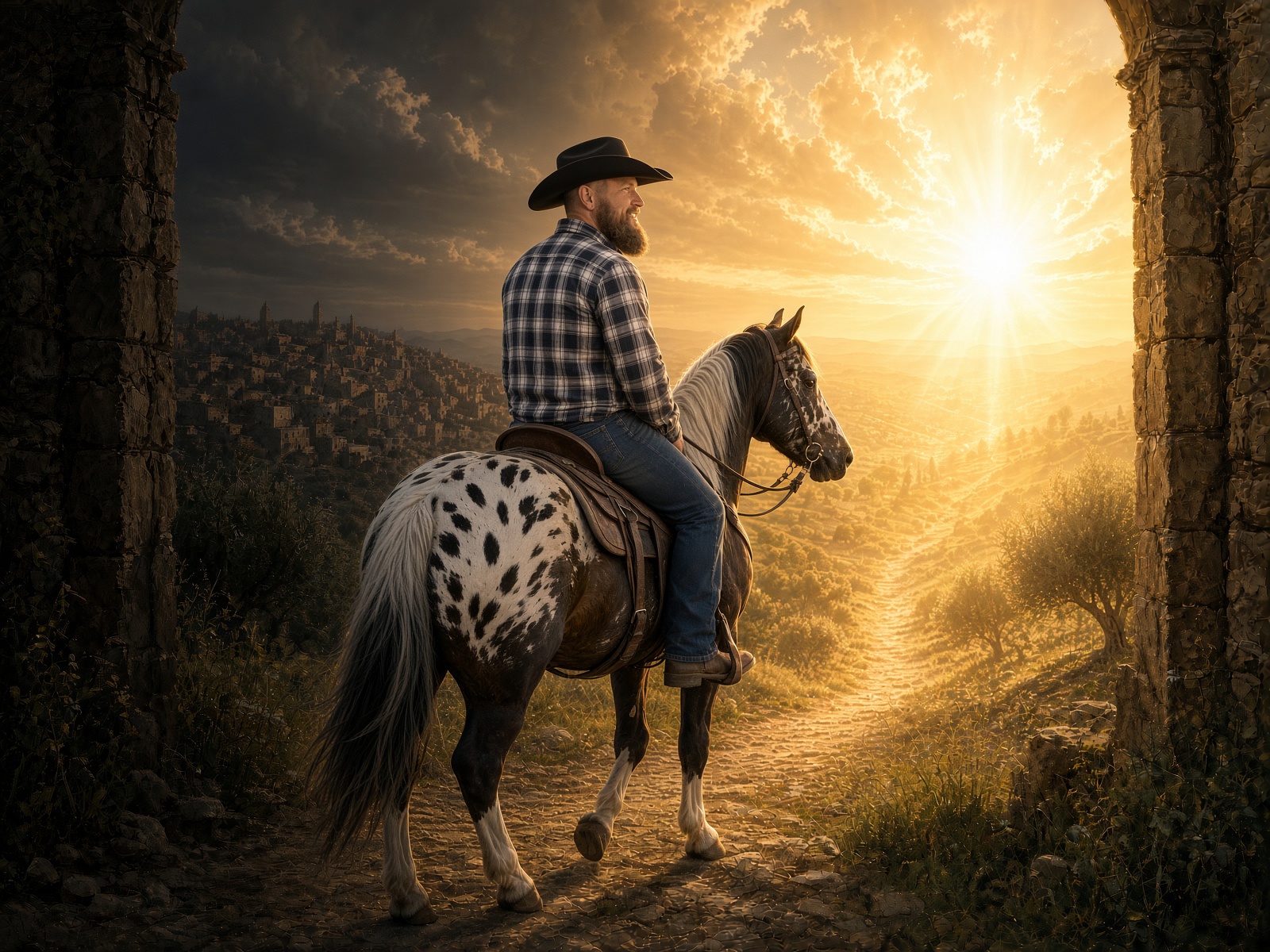 Matt on his Appaloosa, riding out of the old city gate into the sunrise