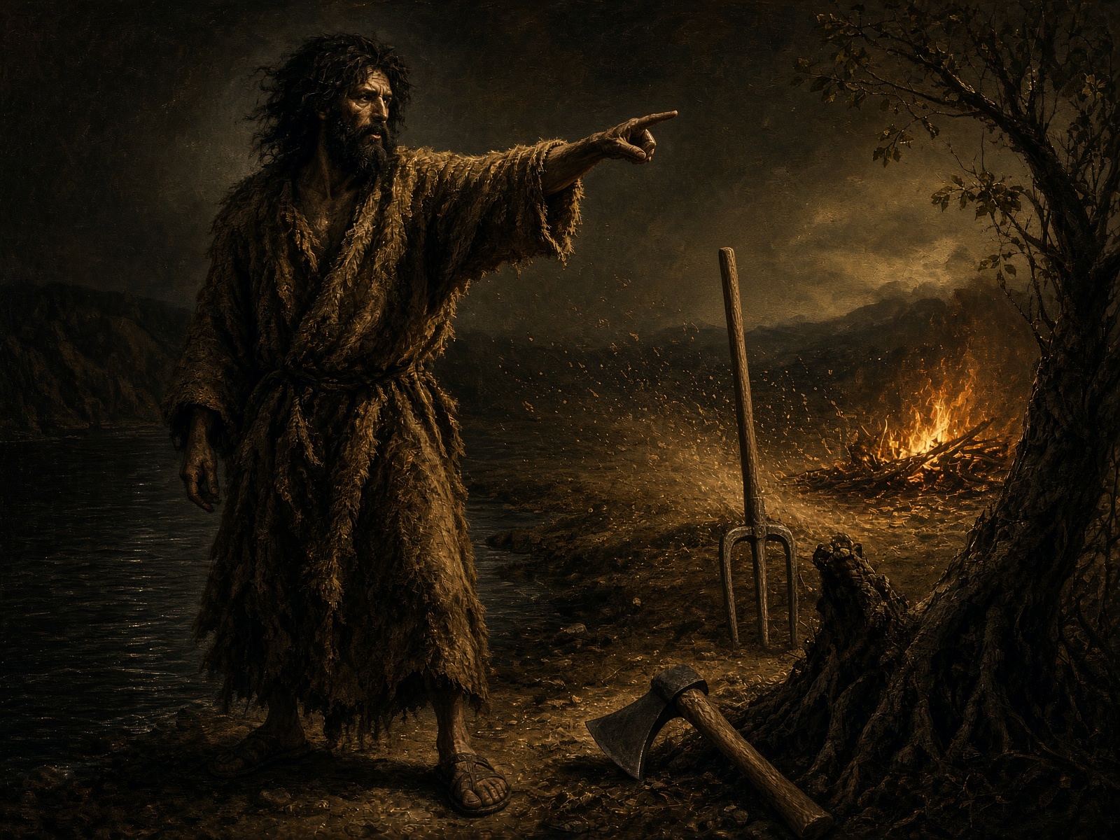 John the Baptist at the Jordan, an axe at the root of a fig tree, a winnowing fork on the threshing floor