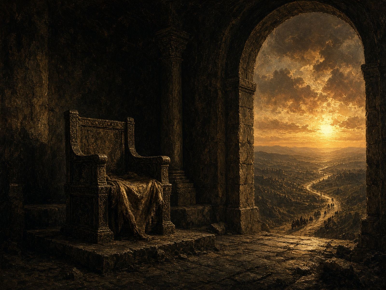 An empty stone throne in a dark palace; through the arch, a sunrise road into the world