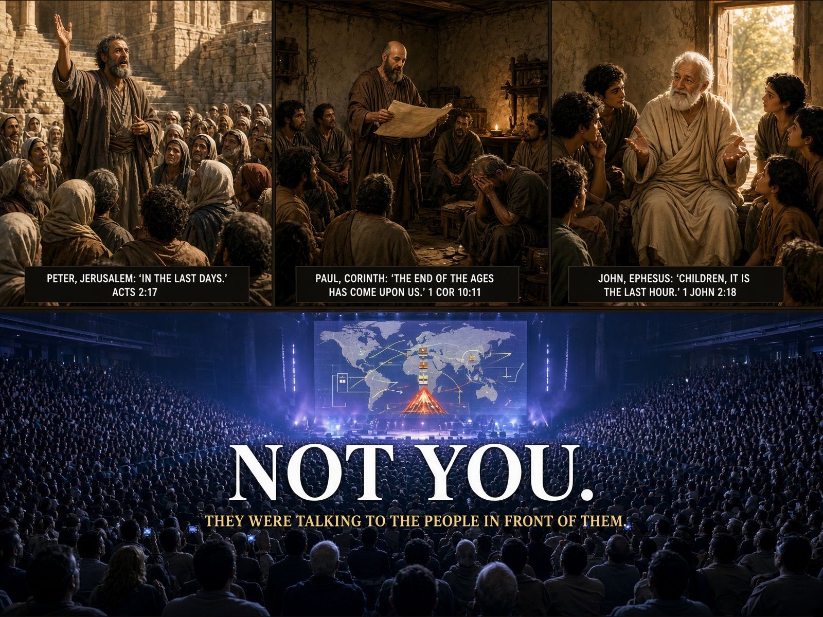 Peter in Jerusalem, Paul in Corinth, John in Ephesus, each telling the people in front of them: in the last days