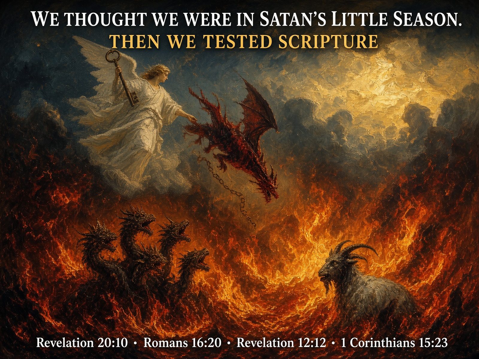 An angel with a key and a broken chain hurls the dragon down into a lake of fire where the beast and the false prophet already are