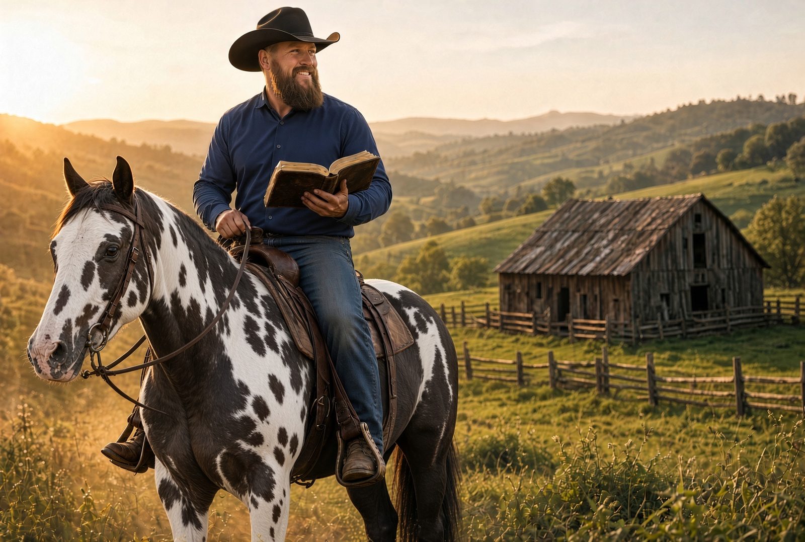 Matt Behrens on horseback with an open Bible
