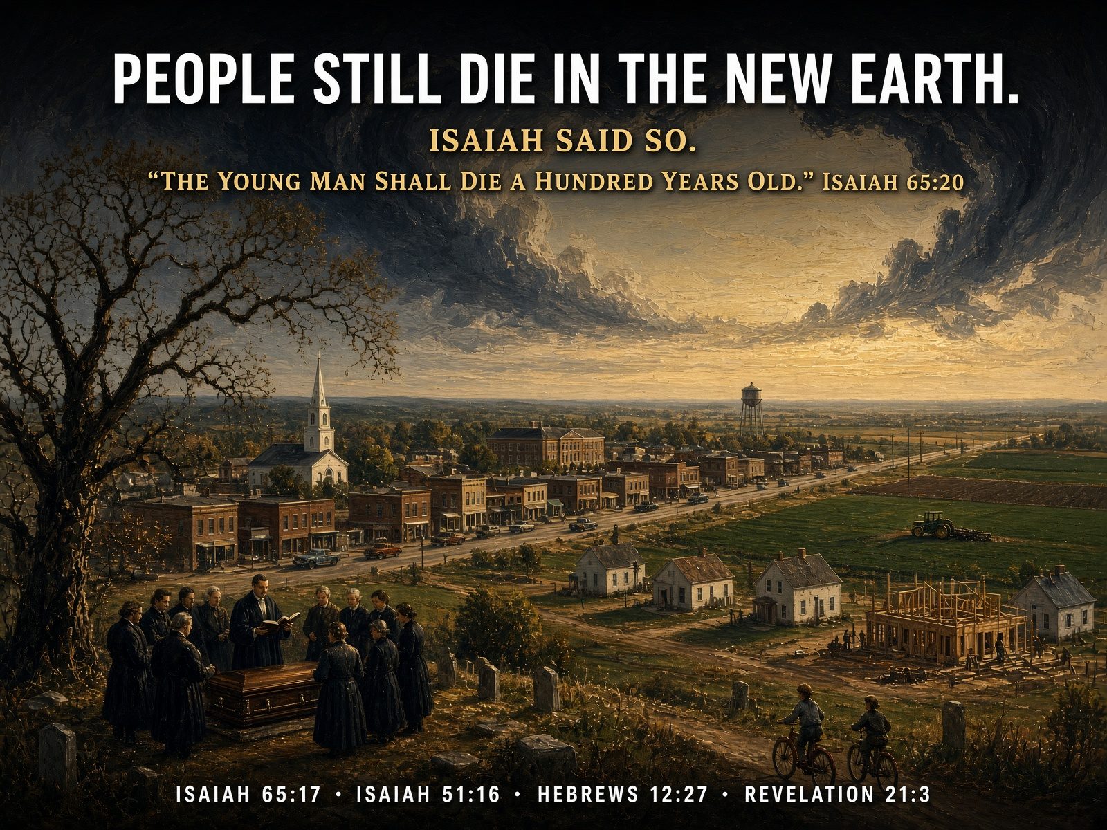 A modern small town at golden hour, a graveside funeral in the foreground, a house going up behind it, and the old sky rolling back like a scroll to reveal a gold dawn