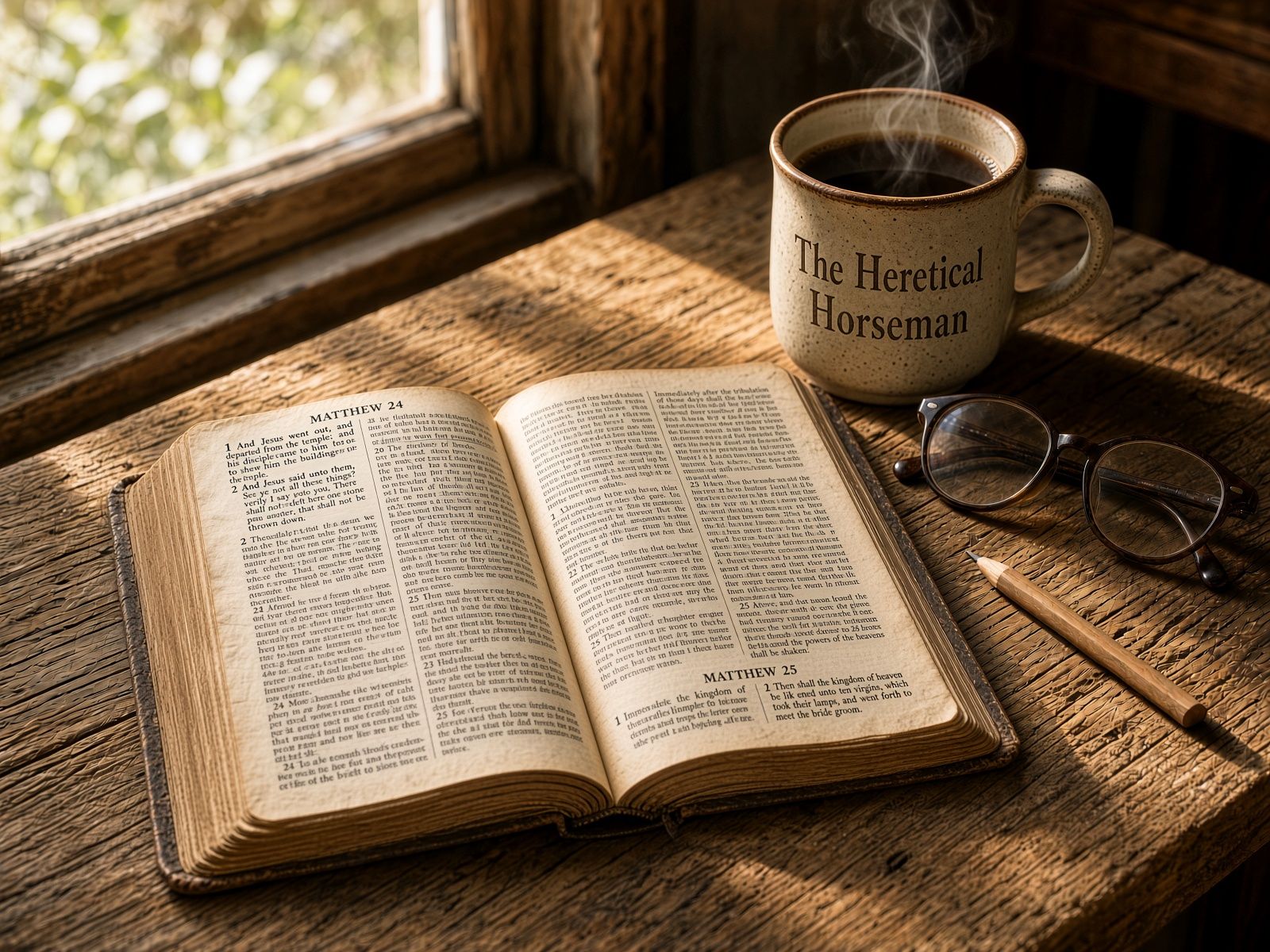 An open Bible on a wooden table in morning light