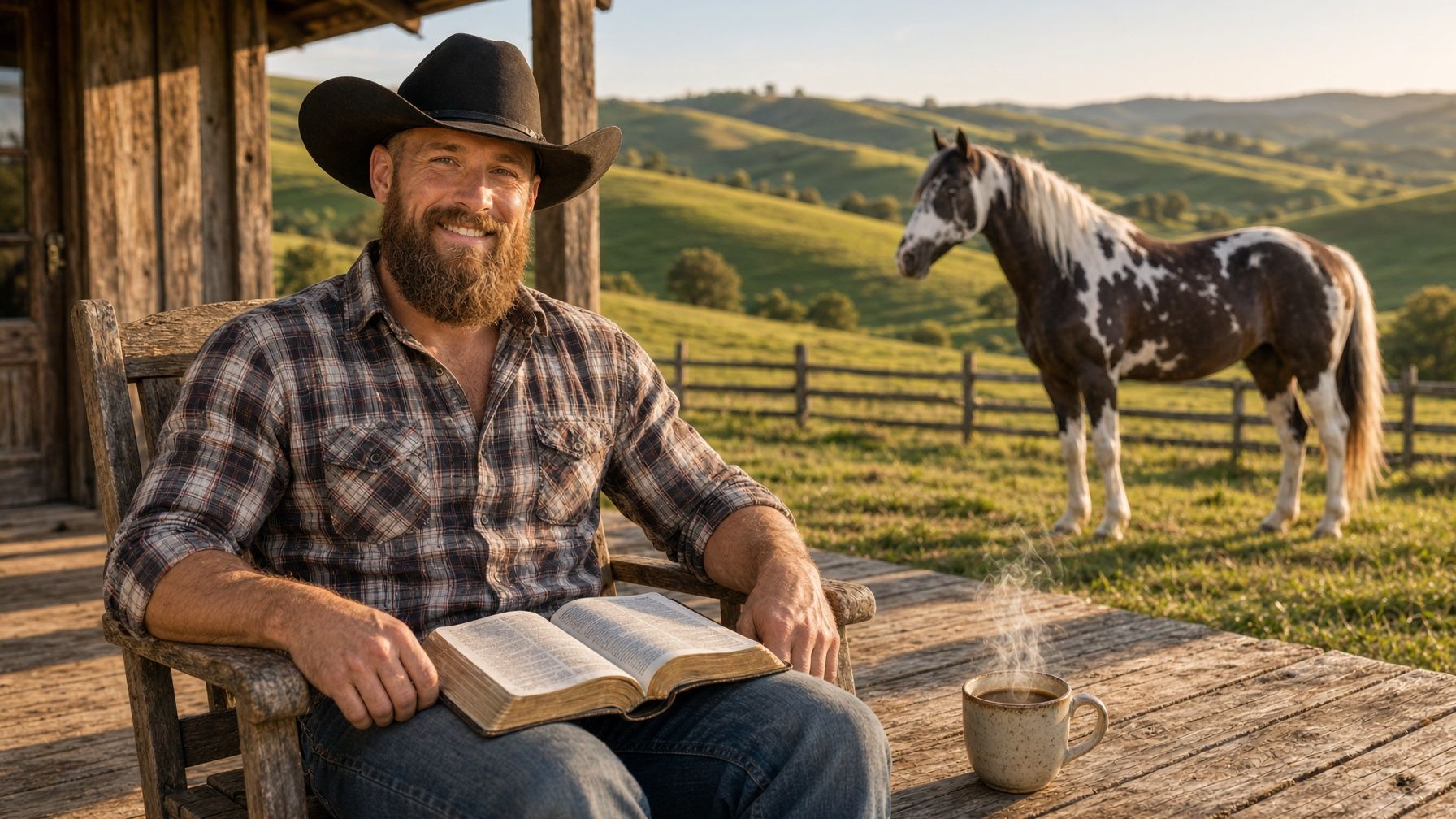 Matt on the porch with an open Bible and a cup of coffee