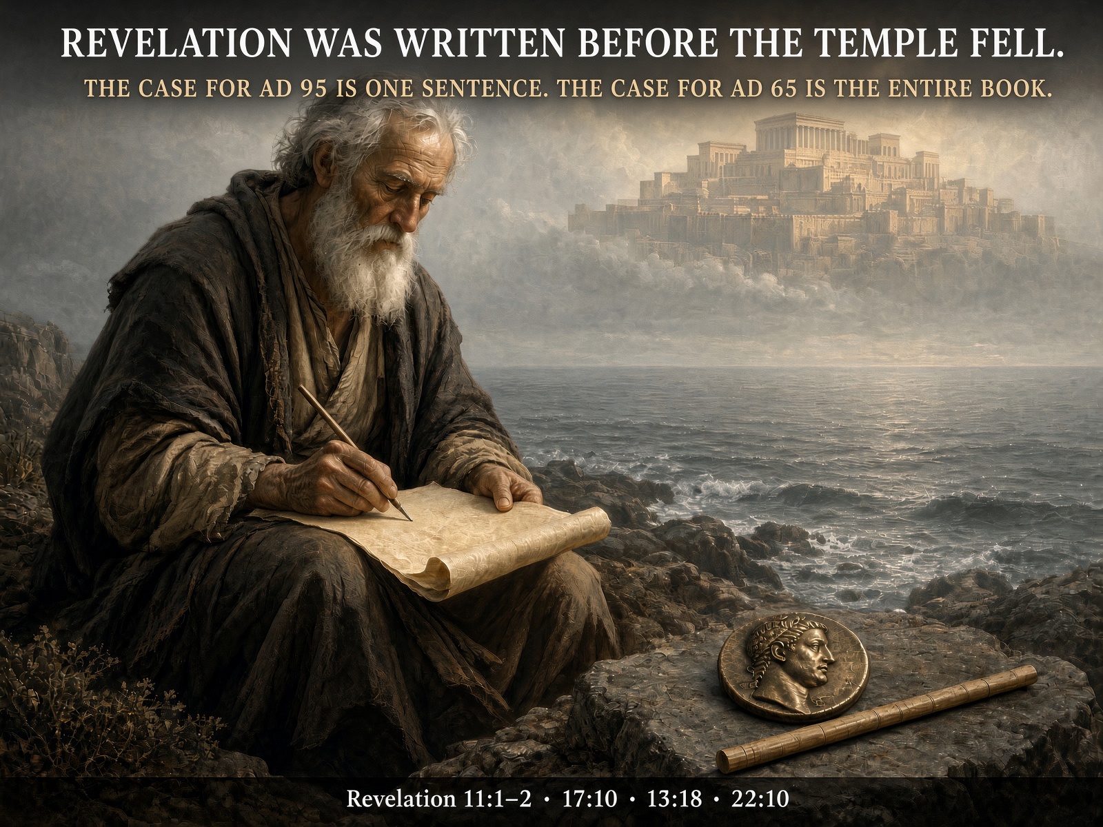 An old man writing on a scroll on a rocky shore, with a coin and a measuring rod beside him and a city standing across the water