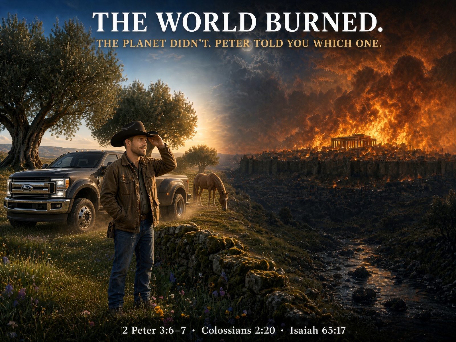 A rancher by his truck on a green hillside looks across a valley at an ancient city burning under a dark sky